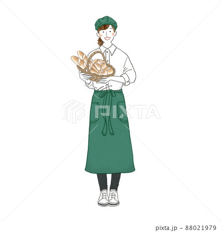美味しそうなパンを持つ笑顔のパン屋さんの女性 美味しそうなパンを持つ笑顔のパン屋さんの女性 88021979