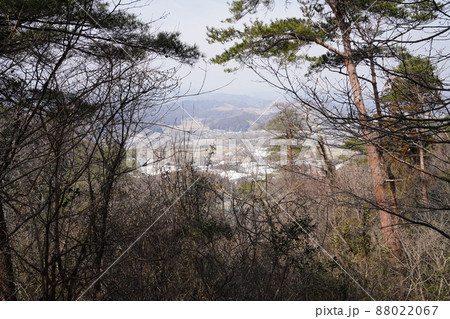 唐沢山神社から諏訪岳に向かう低山ハイキングコース　　登山道から見える田沼町方面 88022067