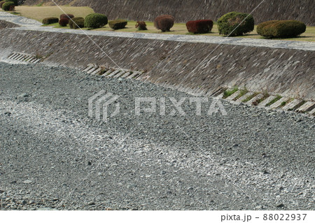 神奈川県秦野駅近くの水のない水無川と川沿いの植え込み 88022937