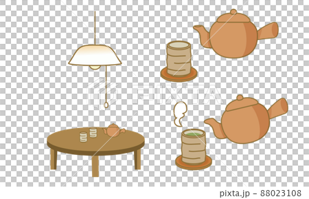 ちゃぶ台と急須と湯呑ひも付き照明・昭和レトロ・お茶を注いでいるイラスト ちゃぶ台と急須と湯呑ひも付き照明・昭和レトロ・お茶を注いでいるイラスト 88023108