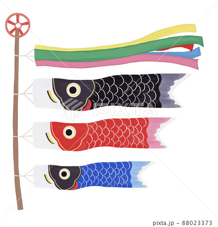 手描き風の鯉のぼり 吹流し 真鯉 緋鯉 のイラスト 端午の節句 子どもの日のイラスト素材