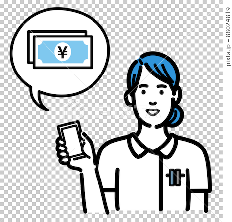 一個穿著實驗室外套的年輕女子拿著智能手機解釋錢 一個穿著實驗室外套的年輕女子拿著智能手機解釋錢 88024819