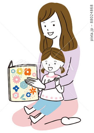 線画カラーイラスト 膝に座って絵本を母親に読んでもらっている女の子 88024868