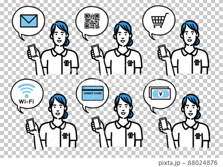 一組穿著實驗室外套的年輕女性用智能手機解釋 88024876