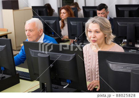 Young and mature men and women coworkers sitting, working on computers Young and mature men and women coworkers sitting, working on computers 88025828