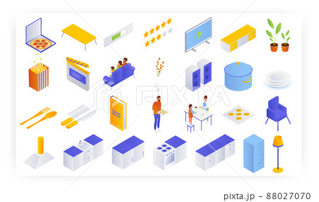 Happy family isometric icon set. Father, mother and kid watching movie and making cookies together at home, vector. Happy family isometric icon set. Father, mother and kid watching movie and making cookies together at home, vector. 88027070