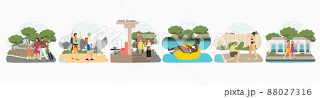 Hotel porter carrying tourist luggage, guests relaxing by swimming pool, going sightseeing. Hospitality industry, vector Hotel porter carrying tourist luggage, guests relaxing by swimming pool, going sightseeing. Hospitality industry, vector 88027316