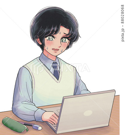 70s少女漫画風・焦り顔の学生とノートパソコン 88028068