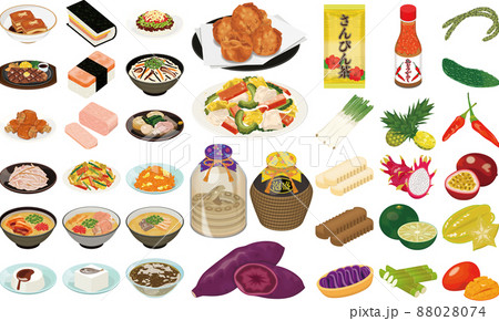 沖縄の人気グルメ・名産のイラスト①(ポーク卵おにぎり、サーターアンダギー、ゴーヤーチャンプ) 沖縄の人気グルメ・名産のイラスト①(ポーク卵おにぎり、サーターアンダギー、ゴーヤーチャンプ) 88028074