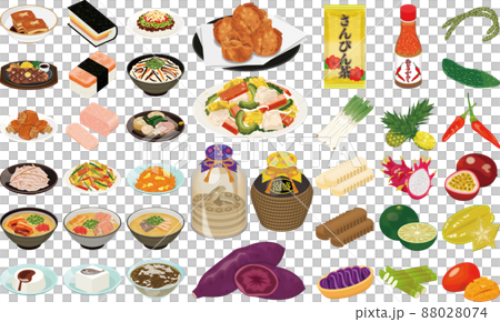 Illustrations of Okinawa's popular gourmet foods and specialties ① (Pork and egg rice balls, Sata andagi, Goya Champu) Illustrations of Okinawa's popular gourmet foods and specialties ① (Pork and egg rice balls, Sata andagi, Goya Champu) 88028074