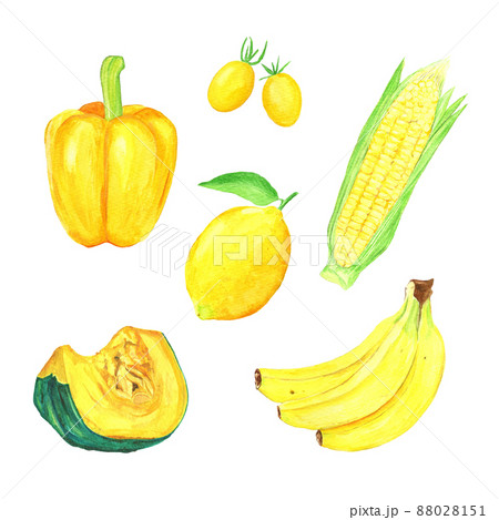 手描き水彩で描く黄色い食べ物イラストセットのイラスト素材