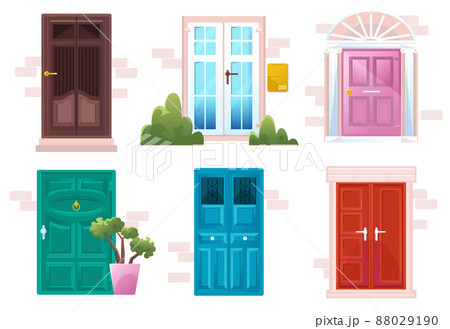 House entrances with different doors in brick wall House entrances with different doors in brick wall 88029190
