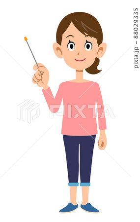 指し棒を持つエプロンをつけた女性の全身 88029335