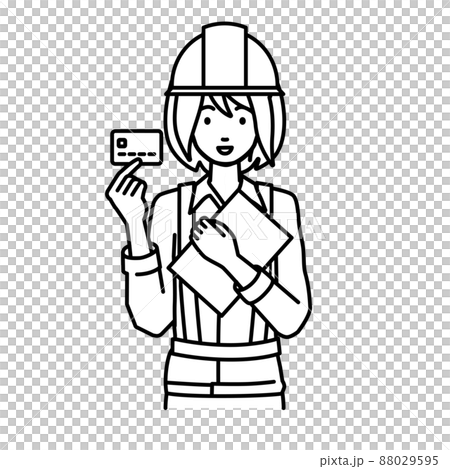 立って書類とカードを手に持つ工事現場の女性 立って書類とカードを手に持つ工事現場の女性 88029595