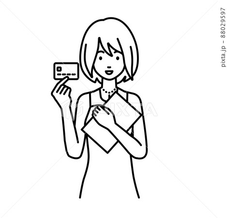 立って書類とカードを手に持つドレスの女性 88029597