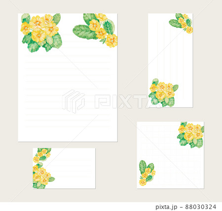 便箋セット プリムラの花の水彩イラスト入り レター 一筆箋 メモ カードのイラスト素材