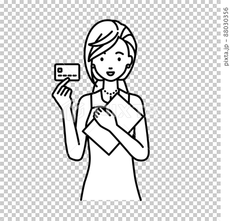 Woman in a dress standing and holding documents and cards Woman in a dress standing and holding documents and cards 88030356