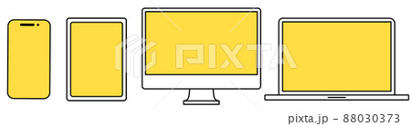 デバイスのベクターイラストセット。スマートフォン、タブレットモノブロックモニター、ラップトップ デバイスのベクターイラストセット。スマートフォン、タブレットモノブロックモニター、ラップトップ 88030373