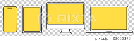 デバイスのベクターイラストセット。スマートフォン、タブレットモノブロックモニター、ラップトップ デバイスのベクターイラストセット。スマートフォン、タブレットモノブロックモニター、ラップトップ 88030373