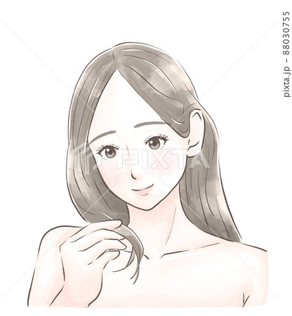 キレイな髪を見て微笑む女性 水彩風のイラスト素材 [88030755] - PIXTA