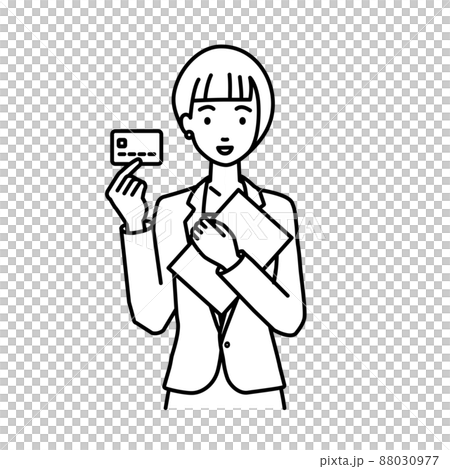 立って書類とカードを手に持つビジネススーツの女性 立って書類とカードを手に持つビジネススーツの女性 88030977