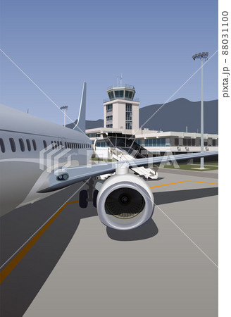 The plane and the ladder on the background of the airport terminal. Vector. 88031100