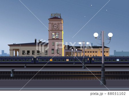 Kievsky railway station, evening train. Vector. 88031102