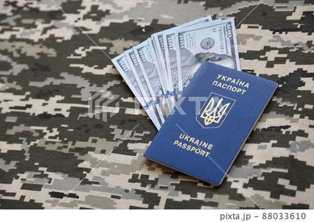 Ukrainian foreign passport on fabric with texture of military pixeled camouflage. Cloth with camo pattern in grey, brown and green pixel shapes and Ukrainian ID Ukrainian foreign passport on fabric with texture of military pixeled camouflage. Cloth with camo pattern in grey, brown and green pixel shapes and Ukrainian ID 88033610