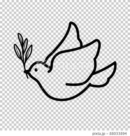 オリーブの枝をくわえたハトの線画イラスト(平和のシンボル)_モノクロ オリーブの枝をくわえたハトの線画イラスト(平和のシンボル)_モノクロ 88033894