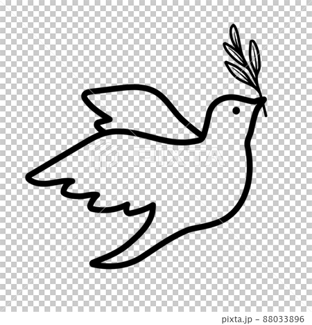 オリーブの枝をくわえたハトの線画イラスト（平和のシンボル）_モノクロ 88033896