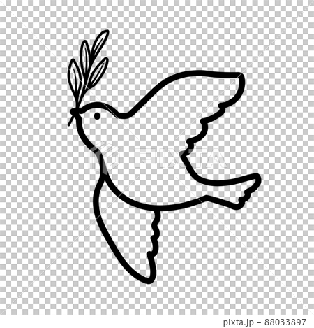 オリーブの枝をくわえたハトの線画イラスト(平和のシンボル)_モノクロ オリーブの枝をくわえたハトの線画イラスト(平和のシンボル)_モノクロ 88033897
