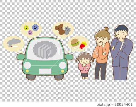 Illustration of a family troubled by the unpleasant smell of their car Illustration of a family troubled by the unpleasant smell of their car 88034401
