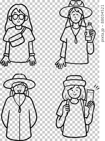 一位穿著衣服去參加夏季戶外音樂節的婦女的插圖集 — 僅畫線 88034521