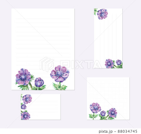 便箋セット アネモネの花の水彩イラスト入り レター 一筆箋 メモ カードのイラスト素材
