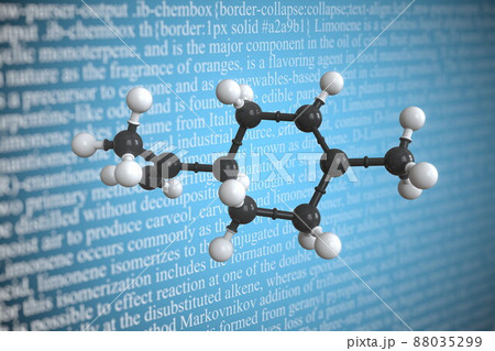 Limonene scientific molecular model, 3D rendering 88035299