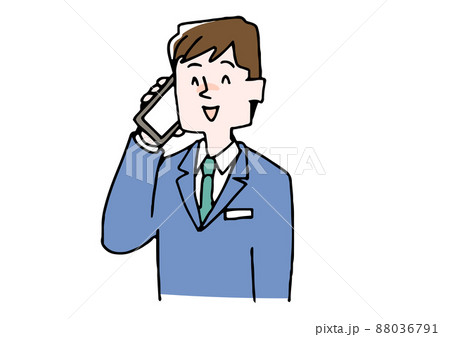 スマートフォンで電話をするビジネスマン（笑顔）　コミカルな手書きの人物　ベクター、線画にカラー 88036791
