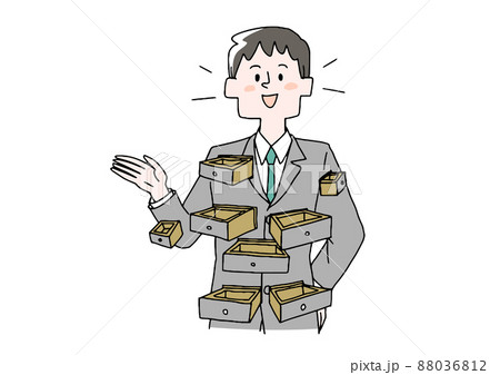 引き出しの多い男性 コミカルな手書きの人物 ベクター 線画にカラーのイラスト素材