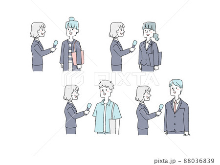 インタビューを受ける人々のセット コミカルな手書きの人物 ベクター 線画にカラーのイラスト素材 0369
