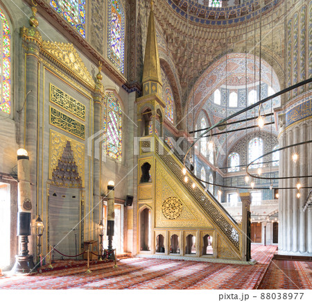 Marble floral golden ornate minbar and niche, Blue Mosque, Istanbul, Turkey Marble floral golden ornate minbar and niche, Blue Mosque, Istanbul, Turkey 88038977