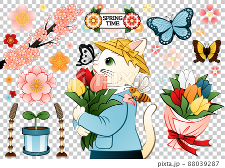 猫のイラスト春のデザイン「SPRING TIME」チューリップ・蝶・蜂・桜・土筆・双葉・花束 88039287