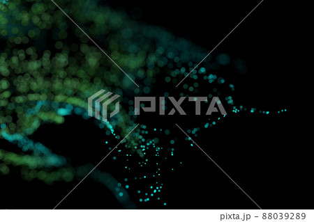 3D Render of many small green and blue particles flying on black festive background. Trendy backdrop for your design. Three-dimensional illustration 88039289
