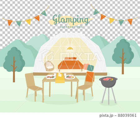 Illustration of glamping Camp outdoor dome tent BBQ flag table outdoor mountain 88039361