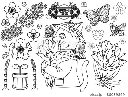 猫のイラスト春のデザイン「SPRING TIME（ぬりえ線画）」チューリップ蝶蜂桜土筆双葉花束 88039869