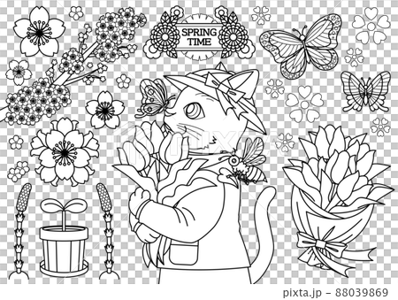 猫のイラスト春のデザイン「SPRING TIME（ぬりえ線画）」チューリップ蝶蜂桜土筆双葉花束 88039869