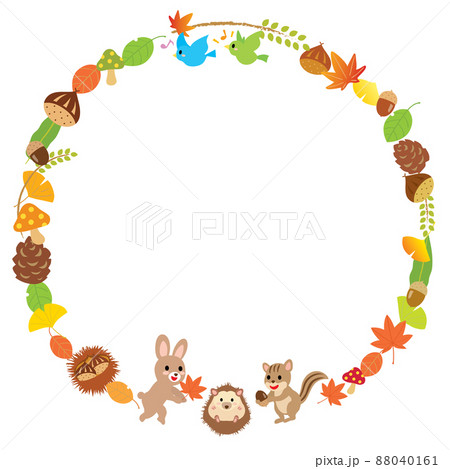 秋の葉っぱや食べ物とかわいい森の動物たちの丸いフレームのイラスト素材