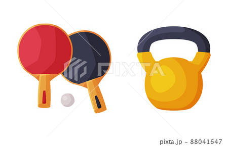 Fitness and sports equipment set. Ping pong rackets and kettlebell vector illustration 88041647