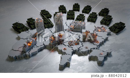 Russian tanks and military machines surrounding and shooting in civilian houses and people in Ukraine. Concept of war, russia invasion, military conflict, bomb shelling, civilian death. 3D render 88042012