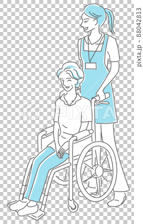Hand-painted illustrations of an elderly woman in a wheelchair and a female caregiver 88042813