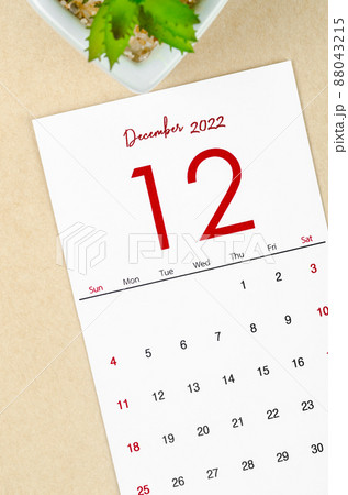 December 2022 calendar with plant pot on brown paper background. 88043215