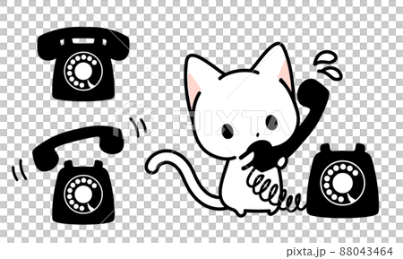 昔のレトロ黒電話・電話に出る猫ちゃんイラスト 88043464